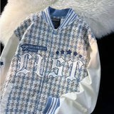 SHOPMOCHO American New Retro Letter Flocking Splicing Jacket Female Y2K High Street Fashion Hip-hop Loose Tooling Baseball Uniform Jacket