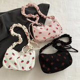 Shopmocho Women Small Underarm Bag Corduroy Handbag Cute Strawberry Print Little Tote Half Moon Design Eco Cloth Purse Mini Shoulder Bags