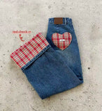 SHOPMOCHO Korean Style Harajuku Style Fashionable Heart-shaped Checkered Patch Jeans High Street Couple Checkered Flared Wide Leg Jeans