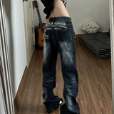 SHOPMOCHO Y2K New Retro Rivet Letter Embroidered Low Waist Jeans for Women Washed Old Slim Street Wear Goth Jeans