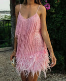 Shopmocho 2025 Summer New Fashionable Framed Sequins Feather Patchwork Dress Colorful Amazon Direct Sales Women's Sleeveless Dress