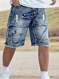 SHOPMOCHO Men's Casual Spring/Summer Denim Shorts - Distressed Denim Shorts with Frayed Edges and Patchwork Details, Fashionable Street-St