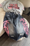 SHOPMOCHO Black Washed Wear Out Ripped Denim Shorts High Street Baggy Straight Leg Pink Printed Five Quarter Pants Mid Waist Gothic Shorts