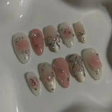 SHOPMOCHO 24Pcs Pink Almond False Nails Butterfly Ballet with French Design Wearable Fake Nails Simple Artificial Press on Nails Tips Art