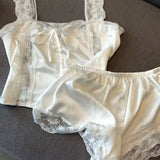 SHOPMOCHO-White Women Pajamas Summer Sleepwear Spaghetti Strap Shorts Sets 2 Pieces Lace Night Wears Korean Sleeping Lace Home Suit 2025