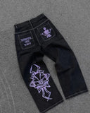 SHOPMOCHO Retro Skull Embroidery Y2K Jeans Mens Hip Hop Washed Baggy Denim Pants New Straight Casual Loose Wide Leg Trouser Streetwear