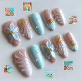 Shopmocho 24Pcs Mid-length French Almond Press on Nails Tips with 3D Shell Flower Design Full Cover Fake Nails Art Datachable False Nails