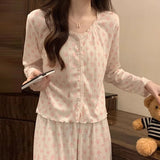 SHOPMOCHO Floral Long Sleeve Fitting Sleepwear Two-piece Set Spring Autumn Lace Trim Cotton Pajama Women Cute Casual Outable Home Suit Set
