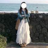 SHOPMOCHO Deeptown Sweet Elegant White Long Skirt Women Fairycore Korean Style Lace Ruffle Skirt Asymmetrical Retro Street Layered Skirts