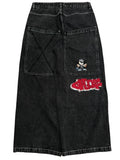 SHOPMOCHO Men Gothic Cross Print Black Denim Baggy Pants Mid Waist Big Pocket Design Loose Fit Hip Hop Streetwear Jeans for Daily Casual