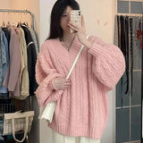 Shopmocho Autumn Winter Women Sweater Harajuku Oversized Knitted Pullovers Korean Long Sleeve V Neck Knitwear Preppy Solid Loose Jumper