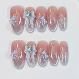 SHOPMOCHO 10pcs Purple Cat's Eye Handmade Fake Nails Tips Glitter Mid-length Oval Press on Nails Art Bow Rhinestone Design False Nail Sets