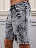SHOPMOCHO Men's Summer Denim Shorts. Straight-Leg Fit. Ripped Design. Dark Gray Denim Embroidered Shorts