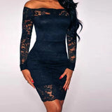 Shopmocho Solid Lace Patchwork One Line Neckline Tight Fitting Buttocks Skirt for Women's Sexy Long Sleeved Dress
