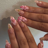 Shopmocho 24pcs Pink Almond False Nails Press on Wearable Sweet Flower Nails Tips Pearl Design Mid-length Fake Nail Rhinestone Manicure