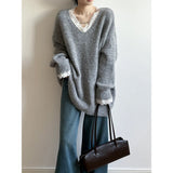 Shopmocho Lace Trim Warm Sweater For Women V Neck Long Sleeve Winter Loose Soft Top