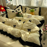 SHOPMOCHO Ins Pink Bow Bedding Set Ruffles Duvet Cover Set Flat Sheet Set Women Girls Princess Bed Linen Set Single Twin Queen Bedclothes