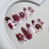 SHOPMOCHO 24pcs Flower Print Press on Nails Wine Red Blush Almond False Nail Tips Wearable Reusable Summer Spicy Girl Fake Nails