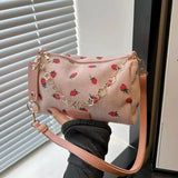 Shopmocho Women Small Underarm Bag Corduroy Handbag Cute Strawberry Print Little Tote Half Moon Design Eco Cloth Purse Mini Shoulder Bags