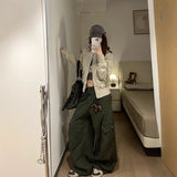 SHOPMOCHO Retro Green Work Pants High Waist Wide Leg Loose Fit for Men And Women Street Style Casual Comfortable Denim Trousers