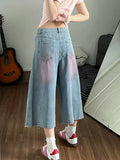 SHOPMOCHO Women High Waist Cute Cartoon Cat Embroidery Jeans Girls Vintage Y2k Clothes Calf Length Denim Pants Harajuku Blue Streetwear