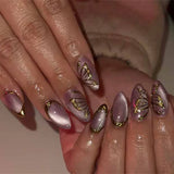 SHOPMOCHO Red Y2K Wearable Nail Art Chic Silver Butterfly Love Metal Bead Almond False Nails Detachable Finished Fake Nails Press on Nails