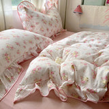 SHOPMOCHO Ruffles Bedding Set Floral Style Duvet Cover Pillowcase with Bedsheet Skin-friendly Bed Linen Set Girls Room Bedclothes 이불세트