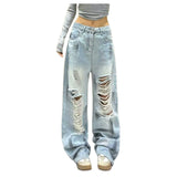 SHOPMOCHO High Waist Wide Leg Denim Jeans Women's Summer New Style High Street Hole Design Slimming Long Trousers Trendy Fashion