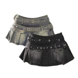 SHOPMOCHO Women's Denim Skirt with Studded Belt Low Rise Pleated Mini Skirt Blue Black Jean Skirts Alt Girls Y2K Punk 90s