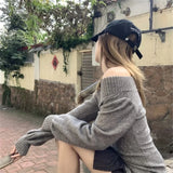 SHOPMOCHO Fashion Vintage V-neck Knitted Tops Women 2025 Early Autumn New Sweaters Pullover Slim Long Sleeve Pullovers Sexy Gray Jumpers
