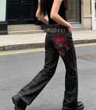 SHOPMOCHO American Fashion Printing Jeans Hip Hop Baggy Cross-legged Jeans Grey Wash Straight Mop Pants Men and Women