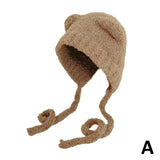 Shopmocho Winter Plush Beanies Cute Bear Ear Wool Hat Warm Lace-up Gorros Knitting Cap Women Bonnets Protection Bomber Korea Ear Knit X4L2
