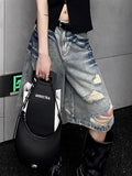SHOPMOCHO American Street Washed Blue Denim Shorts Y2k E-Girl High Waist Loose Wide Leg Jeans 2026 New Hole Straight Knee-Length Pants