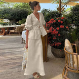 Shopmocho Women 's Skirt Set V-neck Lace Up Short Bubble Sleeve Hollow Out Shirt High Waist Long Skirt Female Suit 2025 Summer Lady Outfit