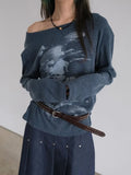 SHOPMOCHO Autumn Harajuku Women Vintage Print Tees Streetwear Grunge Skew Collar Graphic Tshirt Y2k Aesthetic Casual Hiphop Grunge Top