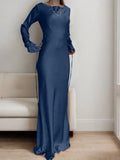 Shopmocho Women's Bespoke Satin Maxi Dress with Corset Waist Tie Classic Round Neck & Dramatic Flared Sleeves Luxury Evening Dress
