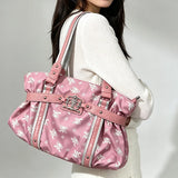 SHOPMOCHO Y2k Retro Pleated Printed Metal Badge Shoulder Bag Pink Large Capacity Open Tote Bag Fashionable Simple Commuting Crossbody Bag
