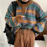 Shopmocho 2025 Autumn New Ethnic Style Knitted Sweater Vintage Round Neck Loose Fit Old Fashioned Feeling Pullover Sweater