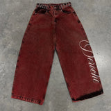 SHOPMOCHO Y2K Casual Loose Jeans Vintage Letter Print Rivet Waist Belt Design Red High Waist Wide Leg Jeans Men Women Hip Hop Streetwear