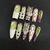 SHOPMOCHO Europe America Spice Girl Handmade Long Square Stilettos Fake Nails Metal Rivet Chain Flowers Lips Bowknot Diamond Press On Nail