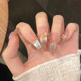 SHOPMOCHO 10pcs Aurora Cat Eye Handmade Press on Nails Pink Cherry Blossom False Nails Crystal Flower Pearl Fake Nails French Coffin Nail