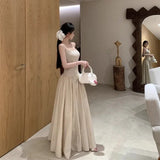SHOPMOCHO-Temperament Apricot Suspender Dress Gentle Summer Vacation Style Waist Cinched Backless  Big Swing A-line Long Skirt Q147