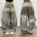 Shopmocho American Fashion Trend Joker Pattern Embroidered Loose Jeans Women Street Y2K New Hip Hop Oversized Wide-leg Pants Unisex Jeans