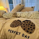 SHOPMOCHO Korean Style Bedding Set Green Strip Black Cat Embroidery Washed Cotton  Duvet Cover Cute Cardboard  Bed linen Comforter Sets