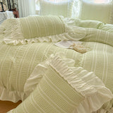 Shopmocho Pink Korean Princess Style Lace Ruffles Bedding Set Skin-friendly Seersucker Duvet Cover Set Fitted Sheet/Bed Sheet Pillowcases