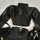 SHOPMOCHO Y2K Leather Spliced Denim Black Two Piece Set Women Harajuku Gothic Long Sleeve Zipper Jacket Mini Pleated Skirt Autumn Jacket