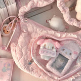 SHOPMOCHO Pink Cute Womens Shoulder Bag Pleated Love Heart Lolita Jk Ita Bag Drawstring Ballet Style Sweet Fashion Female Handbag