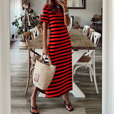 Shopmocho Summer women's loose striped printed long dress with slits on both sides and V-neck