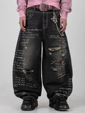 SHOPMOCHO American Fashion Printing Jeans Hip Hop Baggy Cross-legged Jeans Grey Wash Straight Mop Pants Men and Women