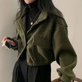 Shopmocho Autumn Winter Loose Woolen Coat Women Large Size with Pockets Small Stand Collar Long Sleeve Button Hong Style Women's Clothing